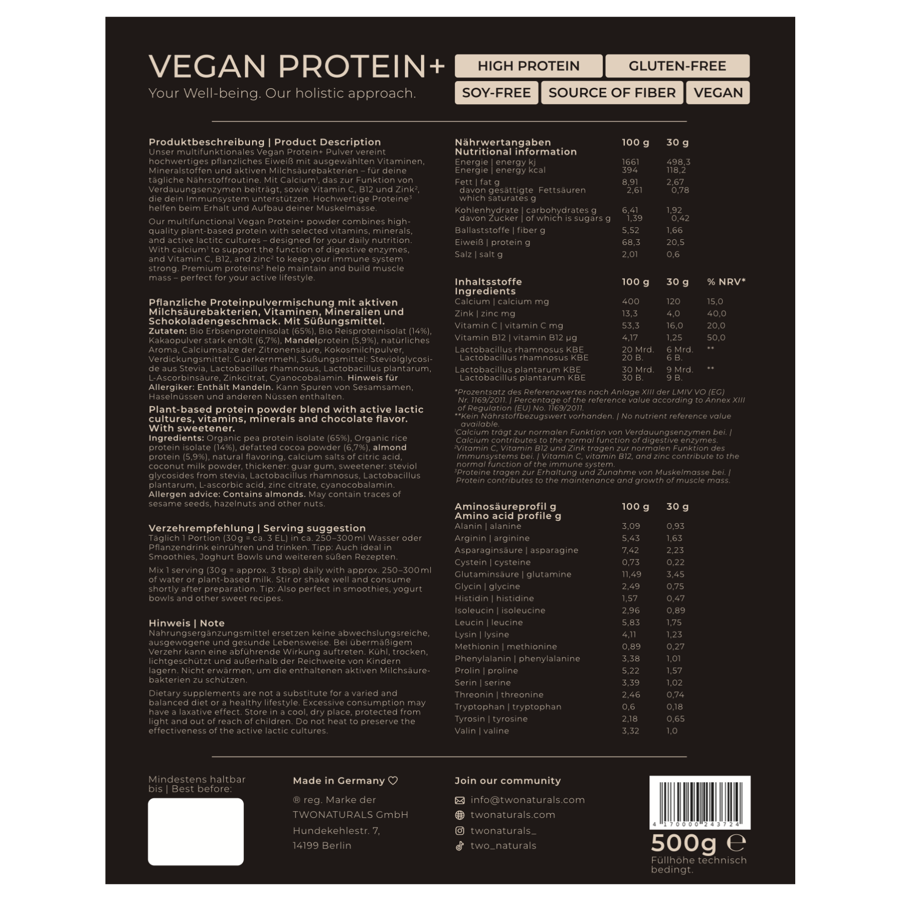 Nährwerte und Zutaten von Vegan Protein+ Creamy Chocolate