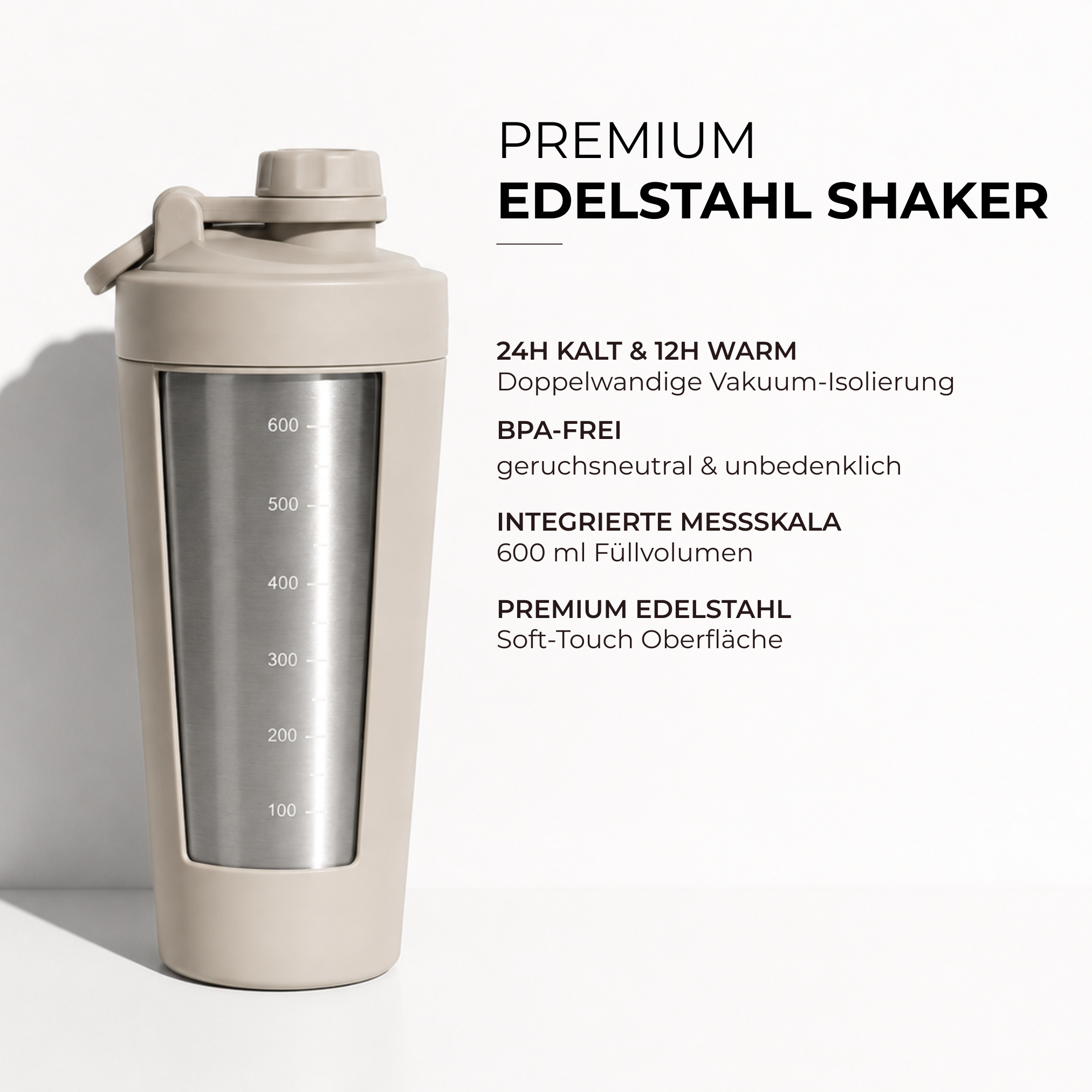 TWONATURALS Edelstahl-Shaker: 24 h kalt, BPA-frei, Messskala 600 ml