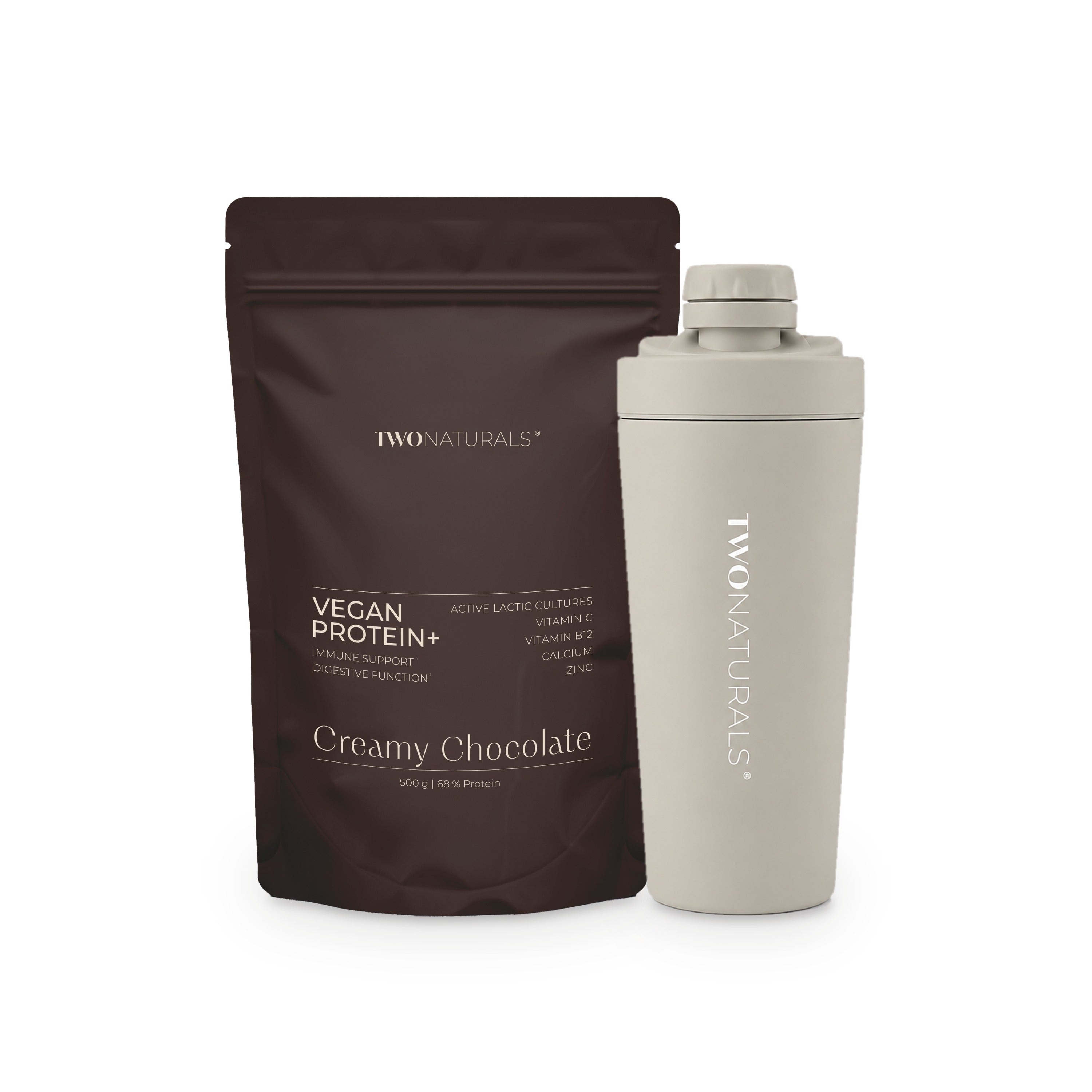 TWONATURALS Protein Ritual – Vegan Protein+ Creamy Chocolate mit Edelstahl-Shaker in Beige