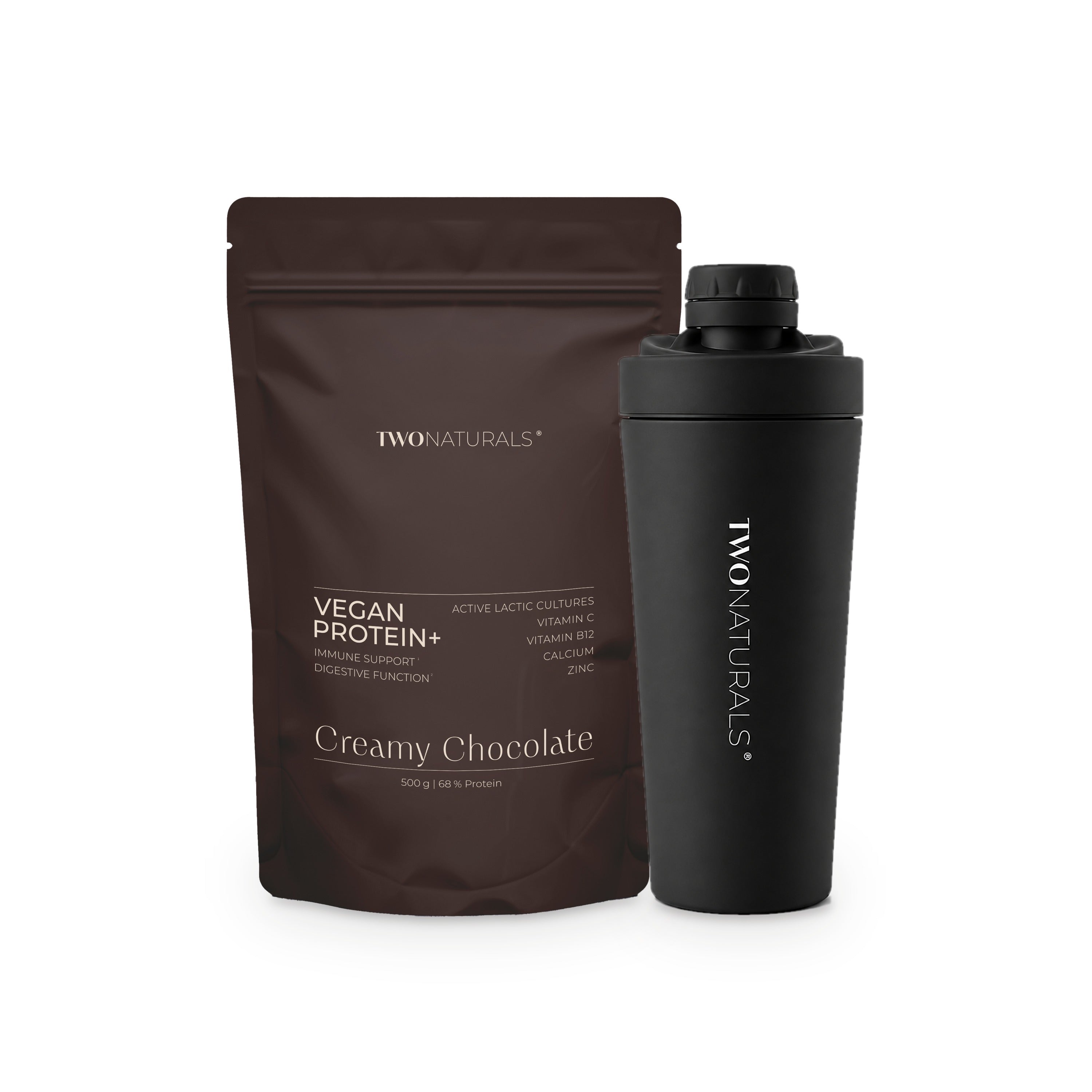 TWONATURALS Protein Ritual – Vegan Protein+ Creamy Chocolate mit Edelstahl-Shaker in Schwarz